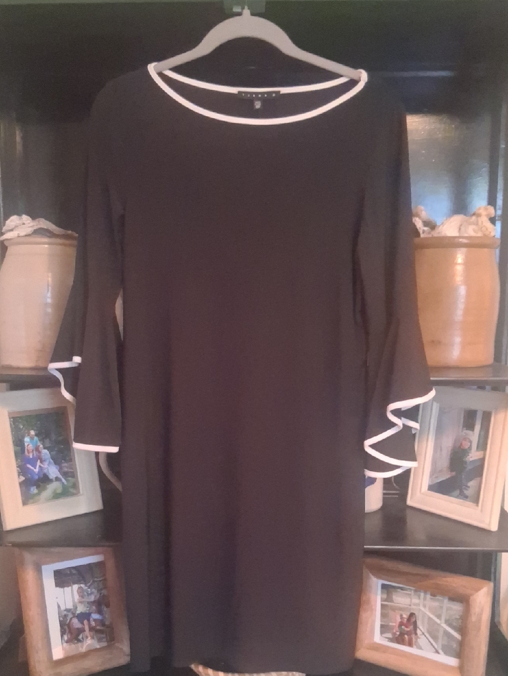 Tiana B. Black Long-Sleeve Shift Dress with White Trim